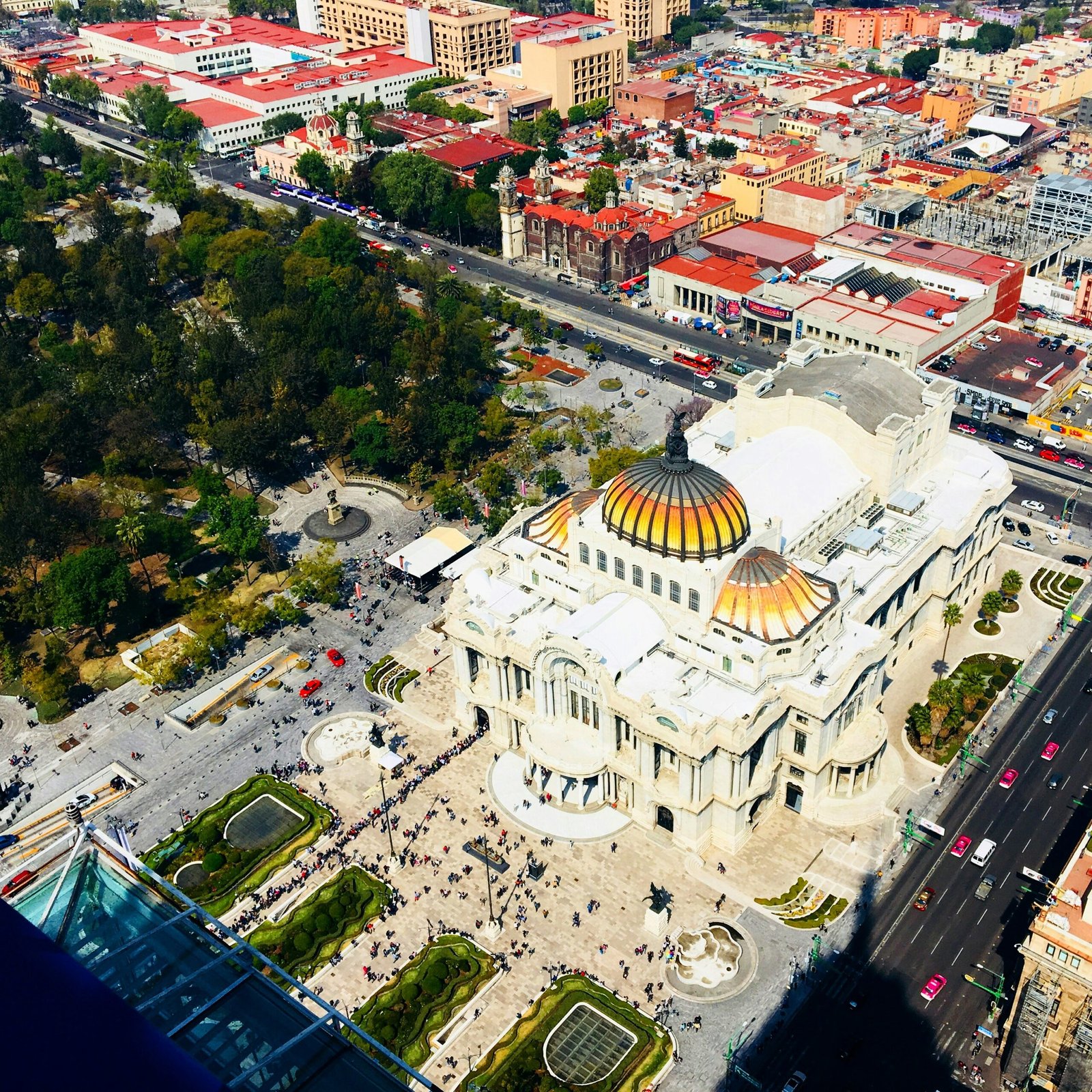 an aerial view of a large building in a city